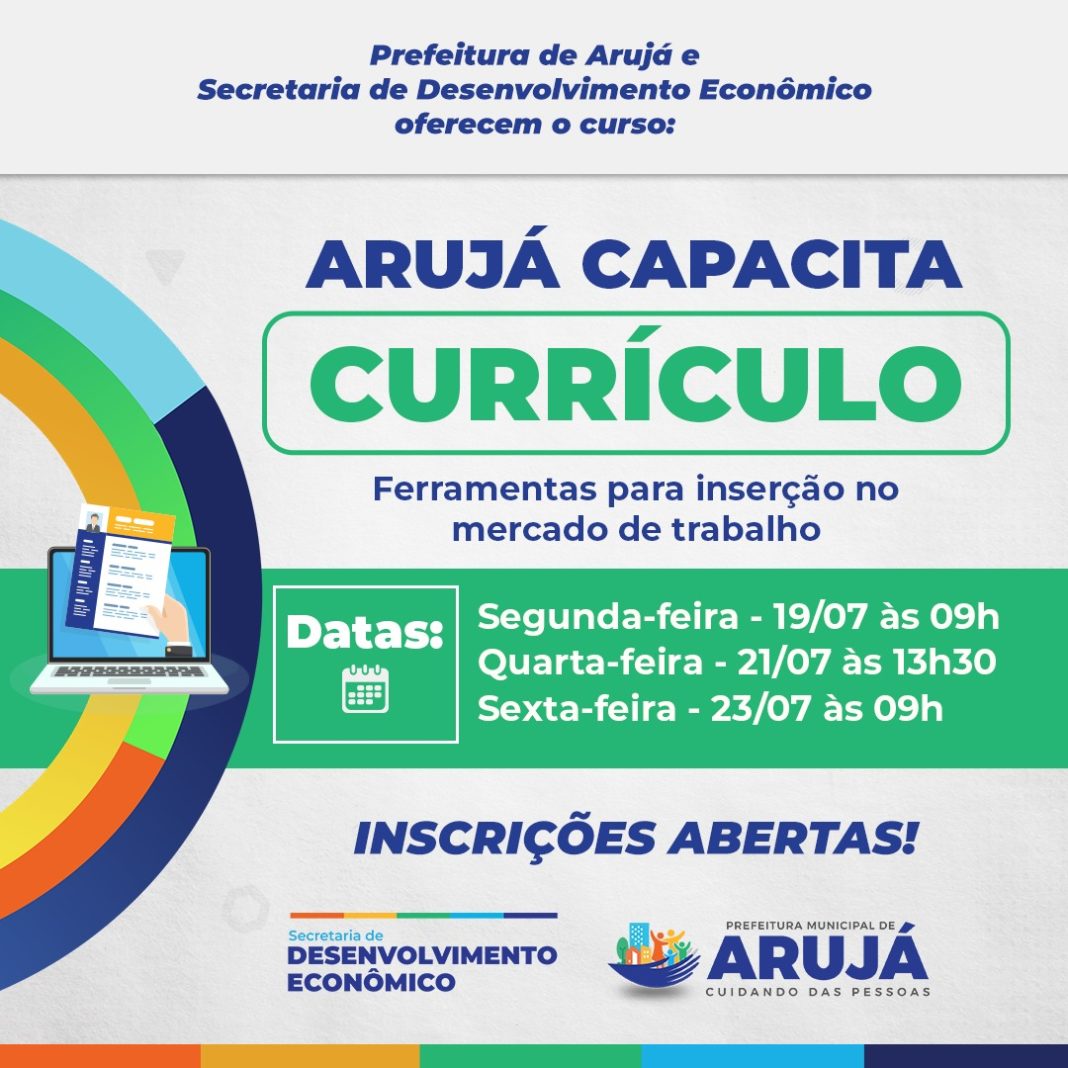 Secretaria Municipal de Desenvolvimento Econômico abre inscrições para o 'Arujá Capacita Currículo'